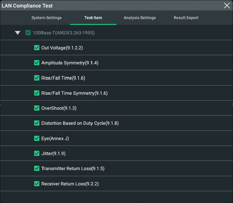 RIGOL 오실로스코프 LAN Compliance Test 화면 — 100Base-T Signal Test Items 9개 항목 체크박스 선택 UI