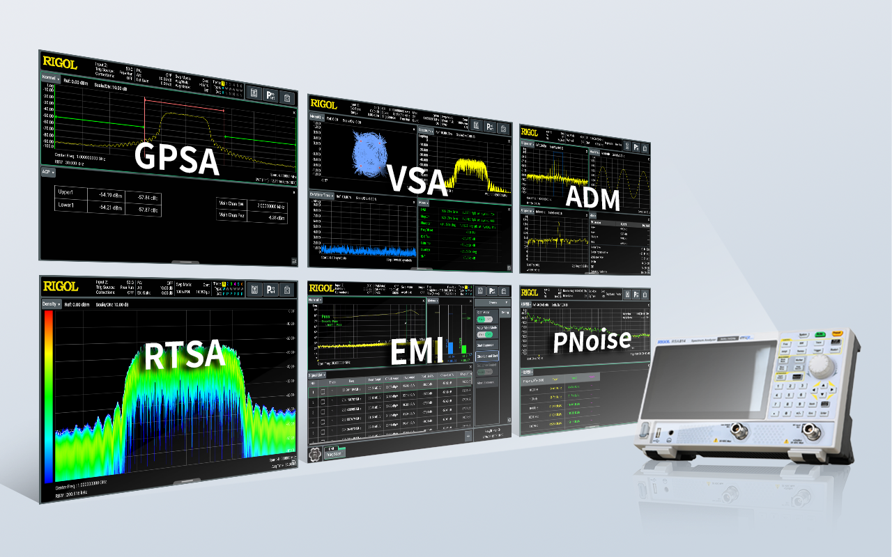 RIGOL RSA800 휴대용 스펙트럼 분석기 GPSA VSA RTSA ADM EMI PNoise 측정 화면