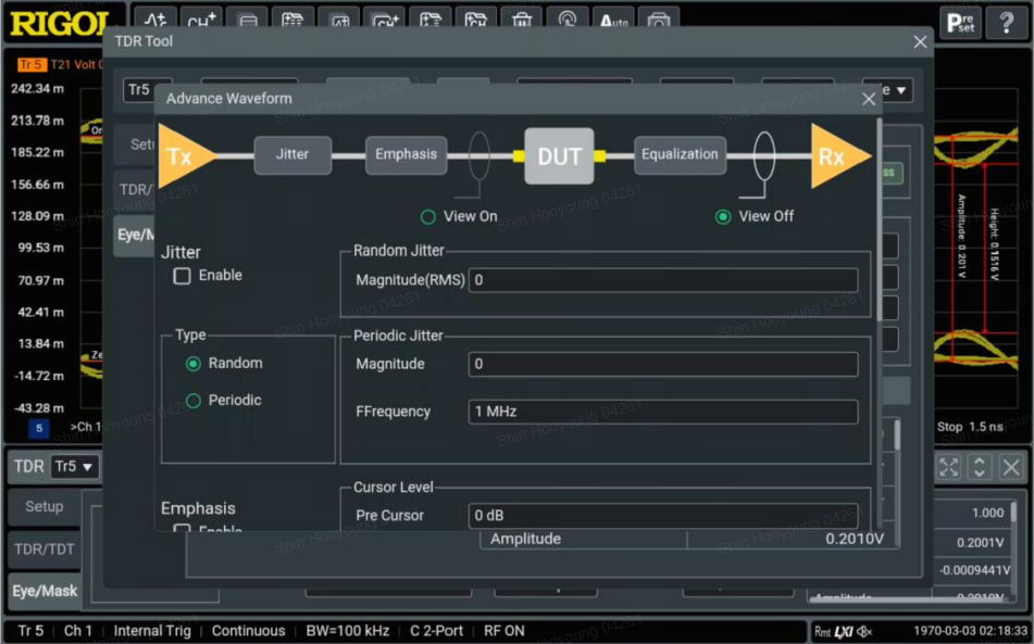 Jitter, emphasis, equalization 설정을 포함한 advanced waveform 화면