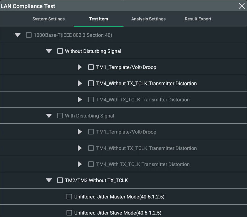 RIGOL 오실로스코프 LAN Compliance Test 화면 — 1000Base-T Signal Test Items 선택 UI