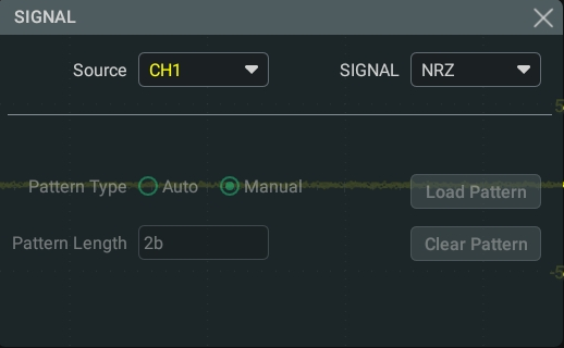 RIGOL 오실로스코프 Signal Type 설정 화면 — Source 채널과 Signal(NRZ/PAM3/PAM4) 드롭다운