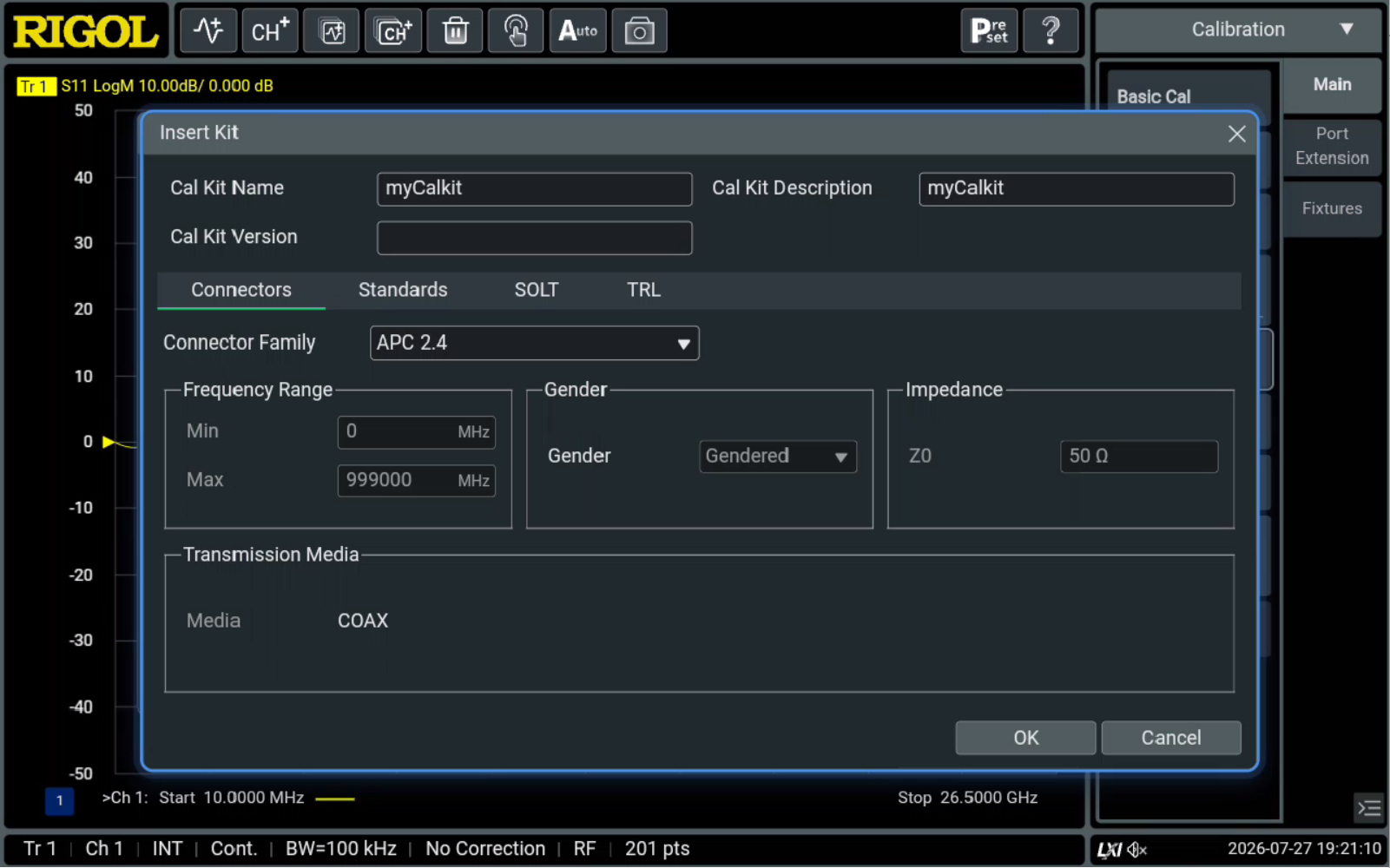 Custom calibration kit 정보 입력 화면