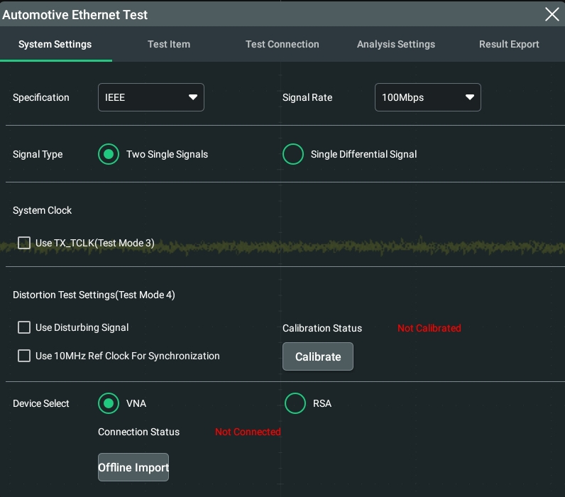 RIGOL 오실로스코프 Automotive Ethernet Test System Settings 화면 — Specification(IEEE/Open Alliance), Signal Rate, Signal Type, Device Select(VNA/RSA) 설정