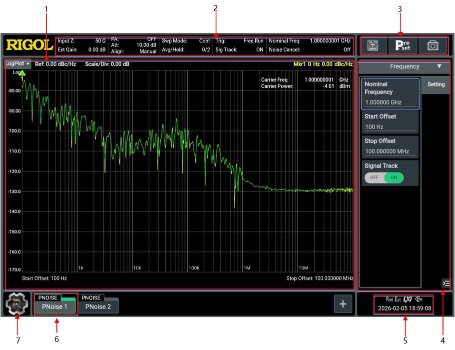 RSA6000 PNOISE 측정 화면 전체 구성 — 위상 잡음 L(f) 로그 플롯과 측정 설정 메뉴