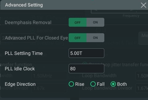PLL Advanced Setting 화면 — PLL Settling Time, PLL Idle Clock, Edge Direction 설정
