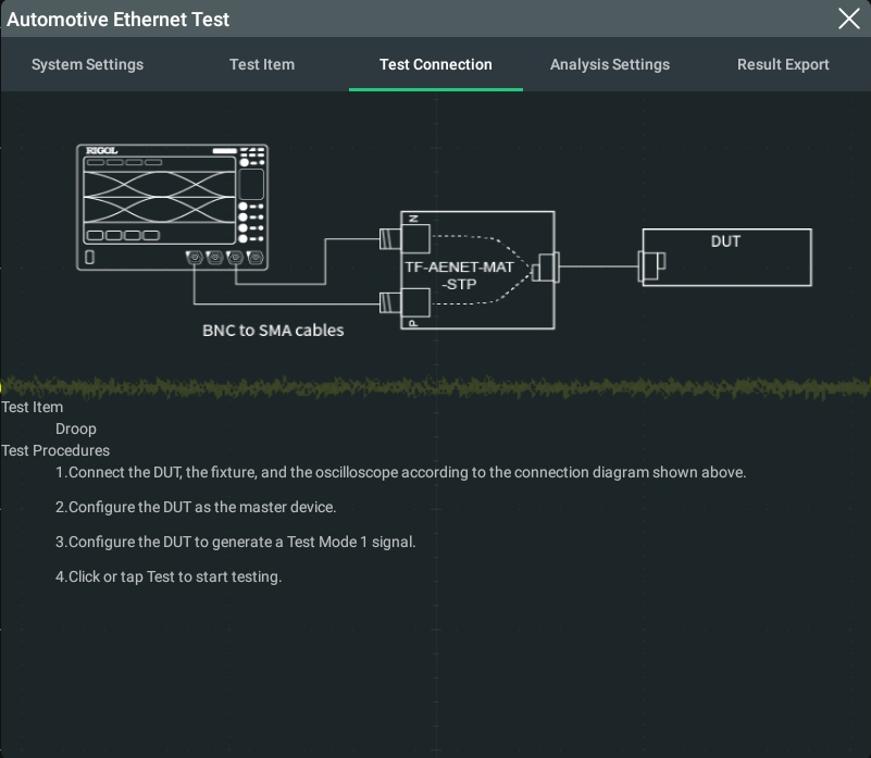 RIGOL 오실로스코프 Automotive Ethernet Test Connection 탭 — 오실로스코프, TF-AENET-MAT-STP 지그, DUT 연결 다이어그램과 테스트 절차 안내