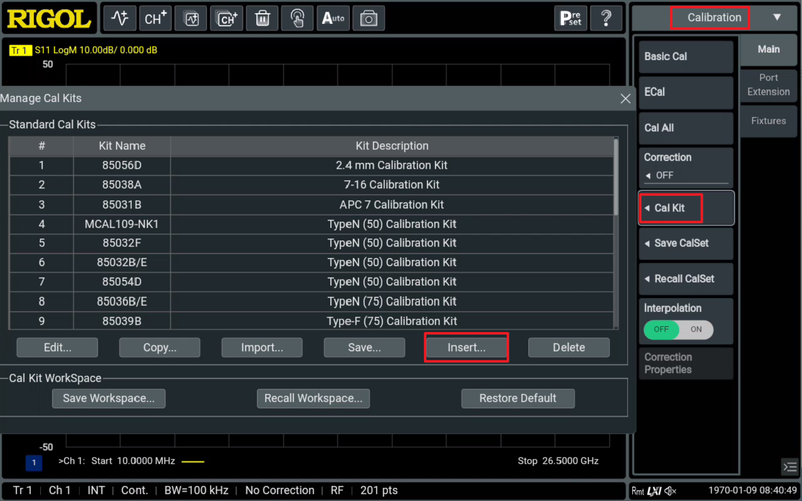 Custom calibration kit Insert Kit 화면